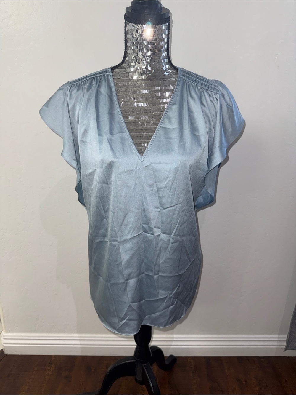 White House Black Market Light Blue V-Neck Flutter Sleeve Blouse